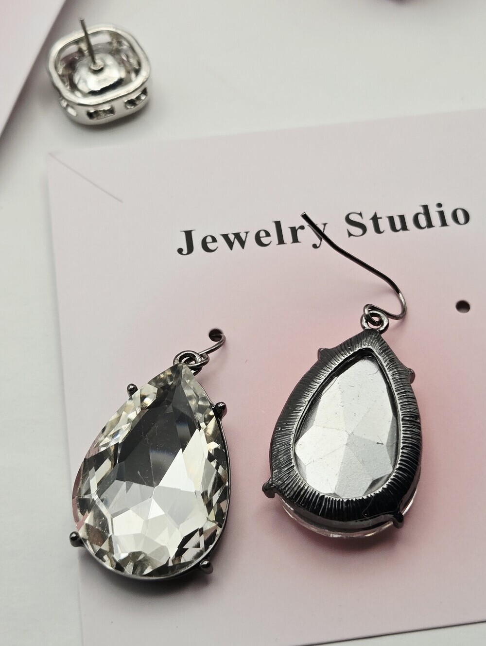 Fashion Jewelry Clear Teardrop Dangle & Clear Stud Glass Stone Earring Set Of 2 - Picture 12 of 16